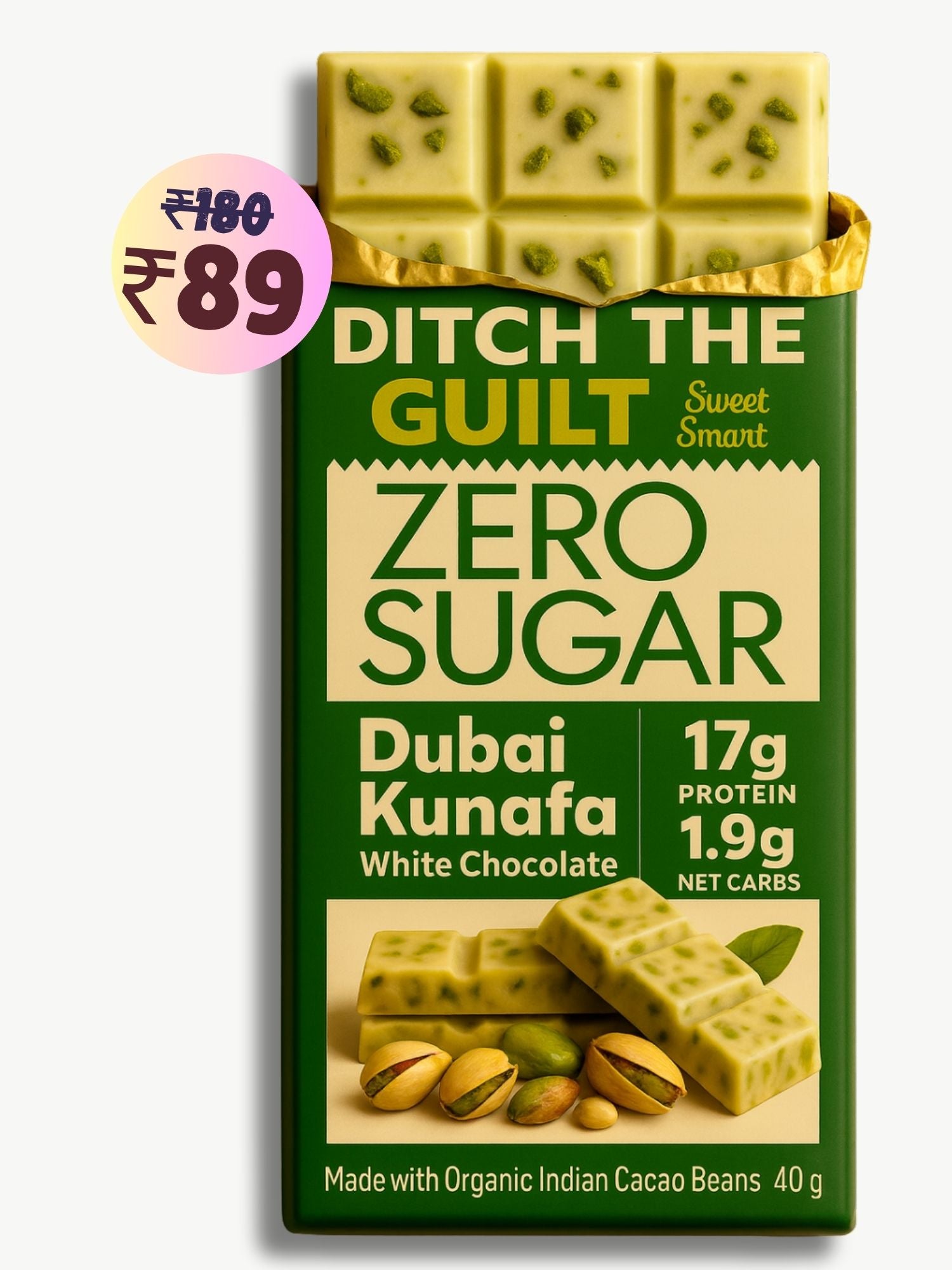 Dubai Kunafa Cheese Cake • 17g protein • Sugar Free Dark Chocolate • 40g bar