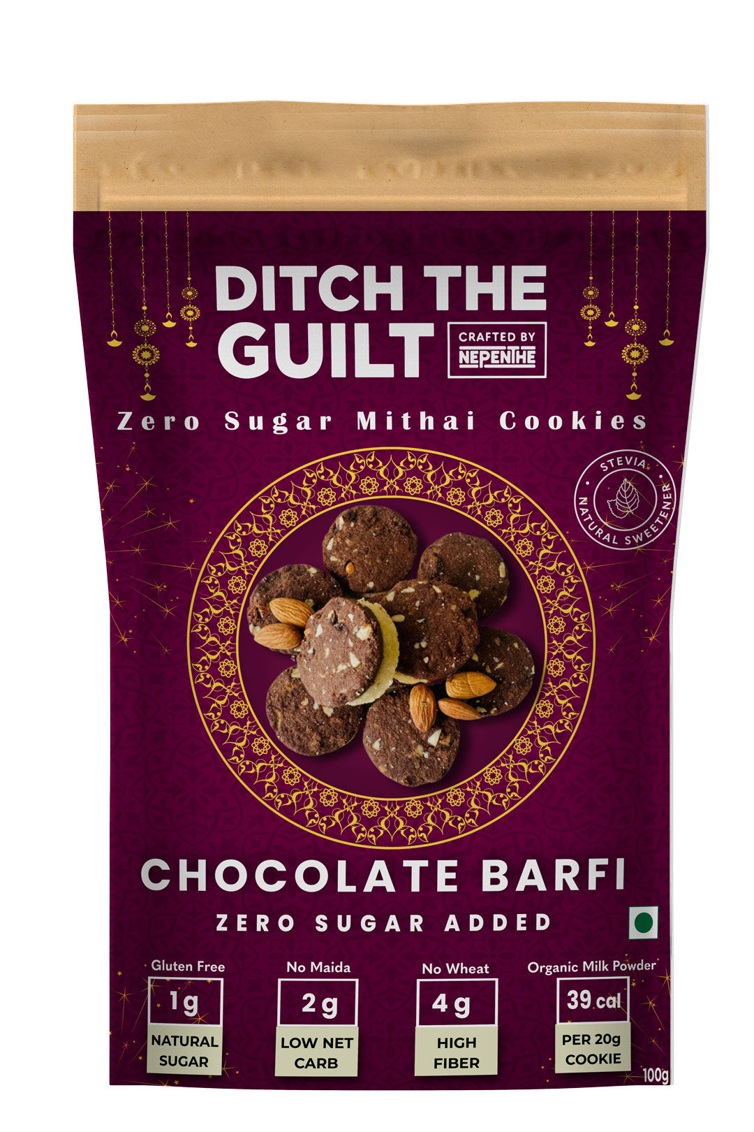 Chocolate Barfi -  Sugar Free Cookies - Gluten Free - Stevia Sweetened - Lower Calories than Regular Cookies with Sugar - Low Net Carbs  - 100g Pack