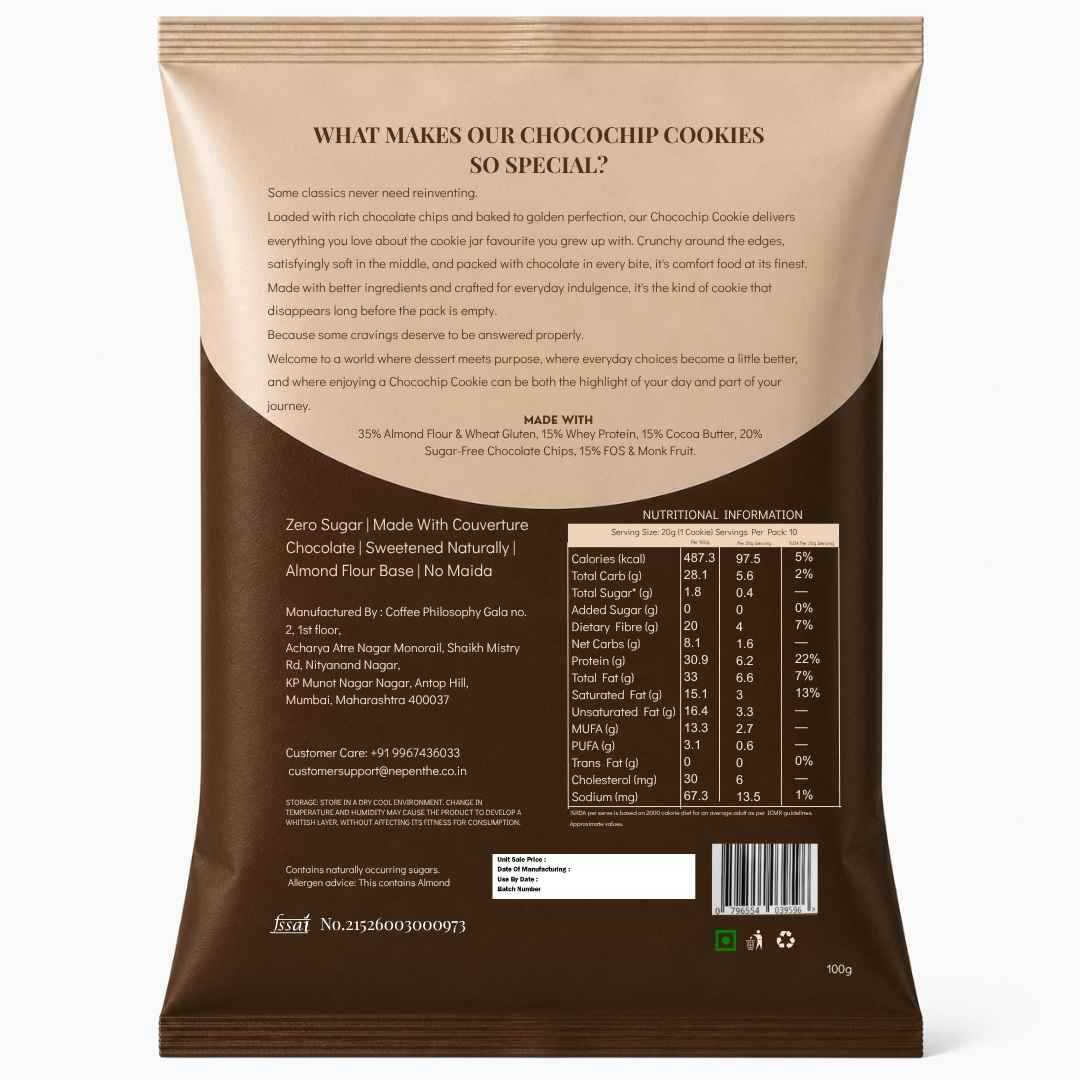 Choco Chip Cookies (5x20g Cookies)• 31g Protein Per Pack • Sugar-Free & High Protein Almond Flour Cookies • 100g