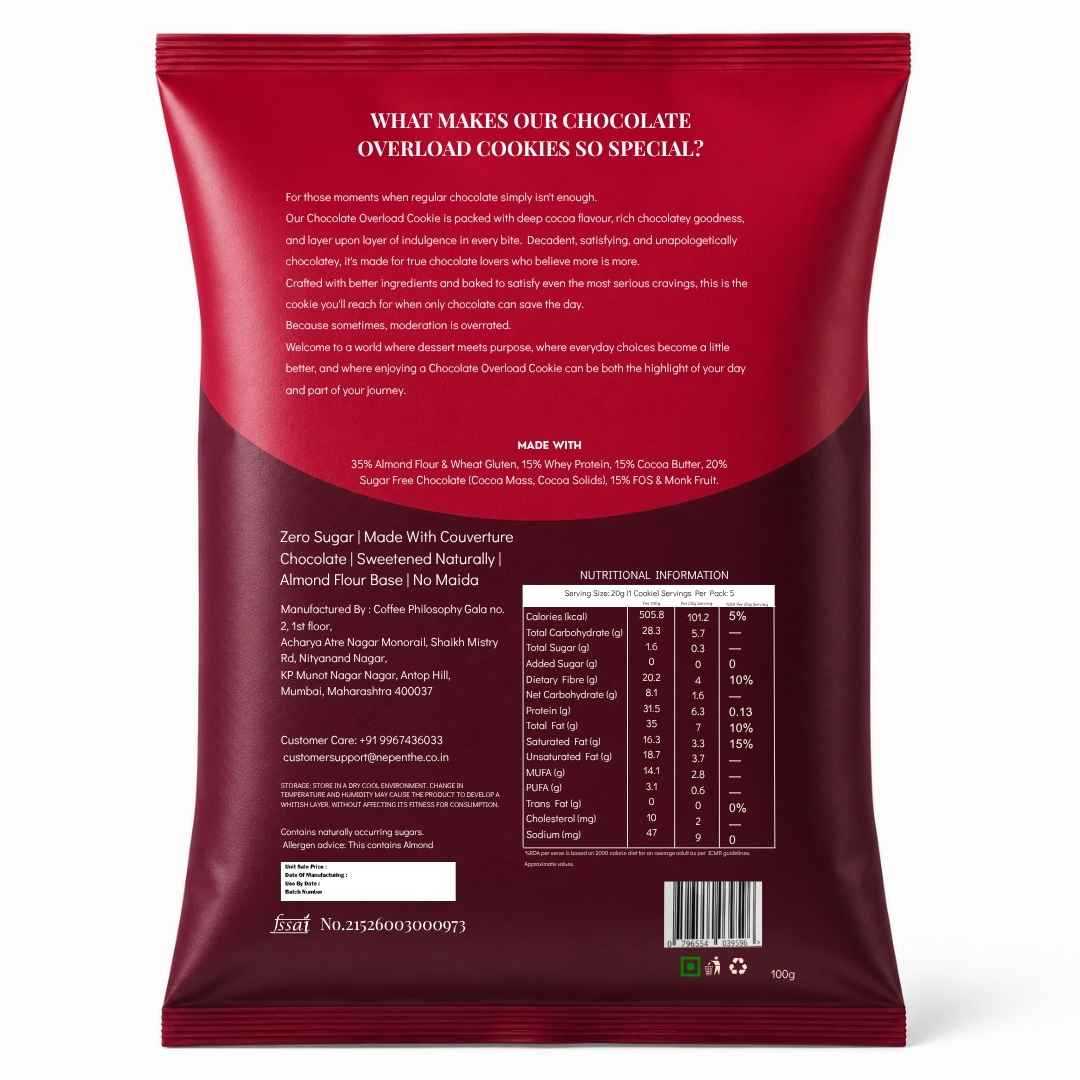 Chocolate Overload Cookies (5x20g Cookies)• 32g Protein Per Pack • Sugar-Free & High Protein Almond Flour Cookies • 100g