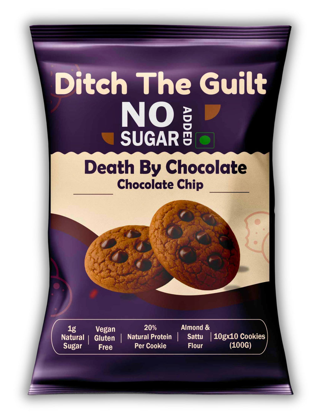 Death By Chocolate (Chocolate Chip) - Sugar Free Cookies - Almond & Sattu Flour  - 10x10g (100g Pack)