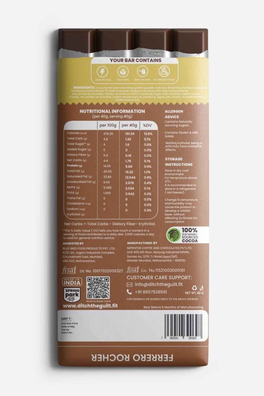 Masterpiece (Full Of Nuts), 70% Cacao Wayanad, Ferroro Rocher, California Almond Brittle - Sugar Free Dark Protein Chocolate - High Protein - 40g x 4 (160g) - My Store