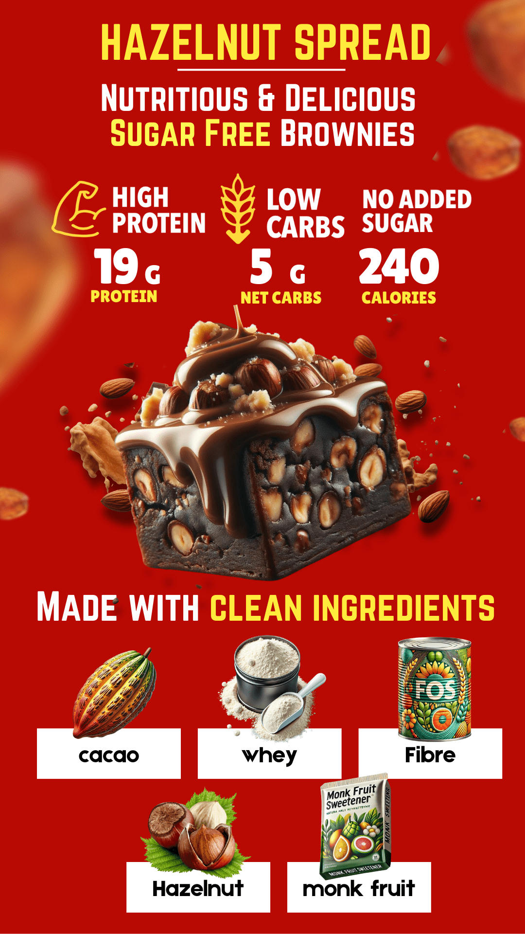 Hazelnut Spread  Protein Brownie - Sugar Free & High Protein, Low Net Carbs - 60g