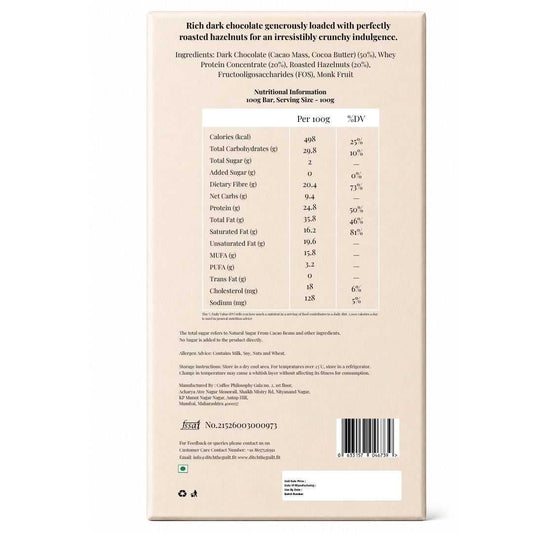 Hazelnuts (Italian) • 25g Protein • Sugar Free Dark Chocolate Bar • 100g