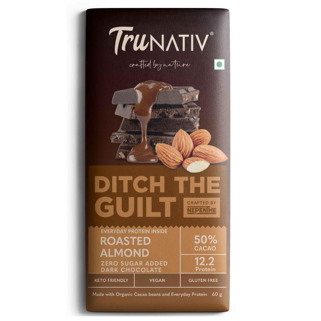 Vegan Protein Chocolate - Roasted Almond - Sugar Free - 12.2 Protein - 261 Calories Per Bar - 3.4 g Net Carbs - 60g - ditchtheguilt.fit