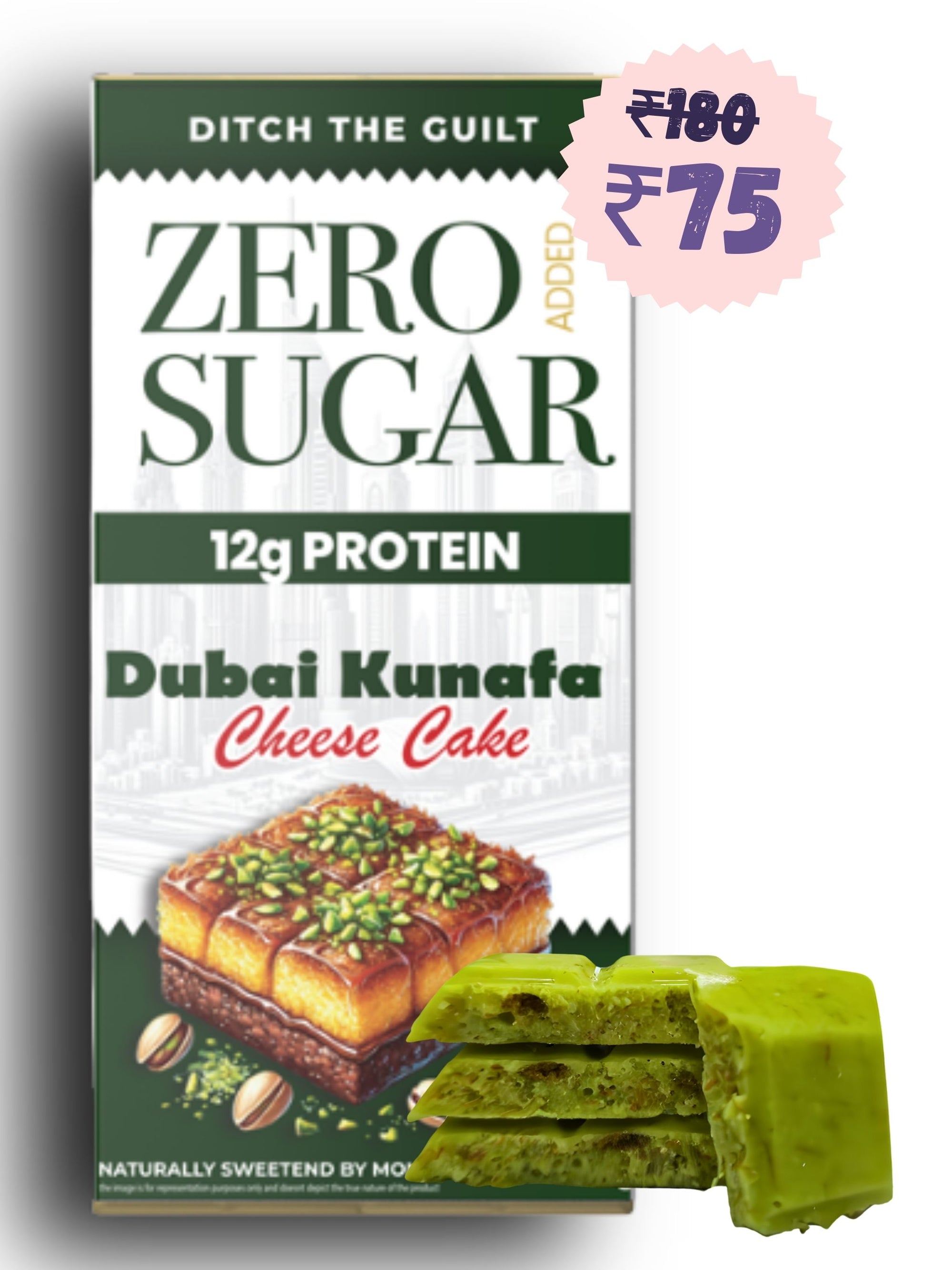 Dubai Kunafa Cheese Cake I White Protein Chocolate I  Zero Sugar Added I 12g Protein I 1g Natural Sugar - 40g
