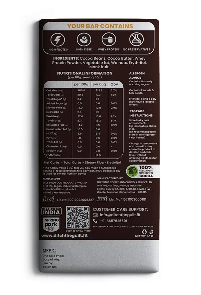 Walnut Crunch Dark Chocolate • 17g Protein • Sugar Free & High Protein • 40g - Ditch The Guilt