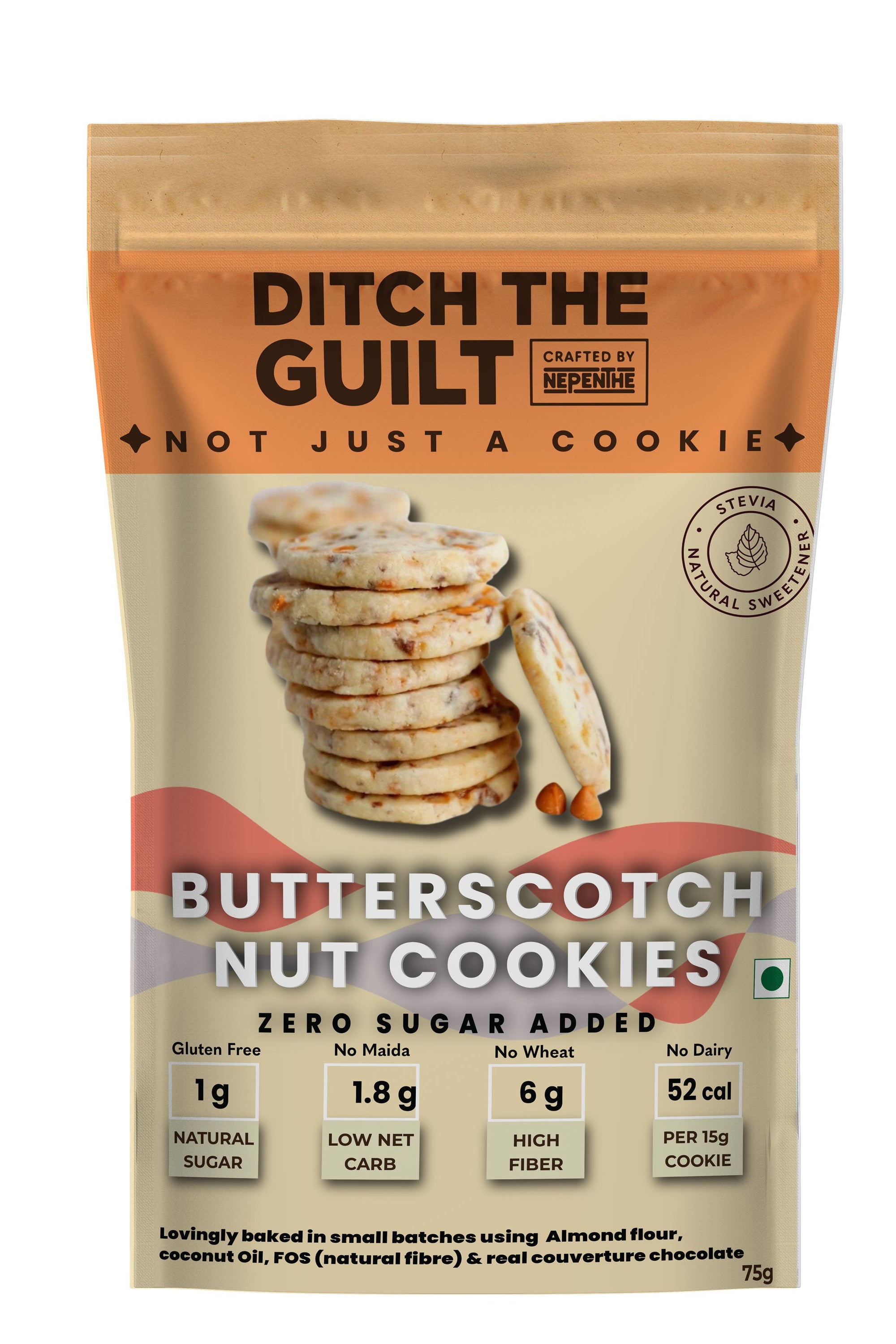 Butterscotch Nut Cookie (15g x 6 Cookies) - Almond Flour & Chocolate - Sugar Free Cookies - Gluten Free - Stevia Sweetened - Lower Calories than Regular Cookies with Sugar - Low Net Carbs - 75g Pack